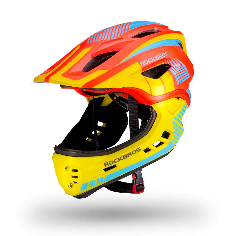 Rockbros TT-32SOYB-S bērnu velo ķivere ar noņemamu zoda sargu S, dzelteni oranža