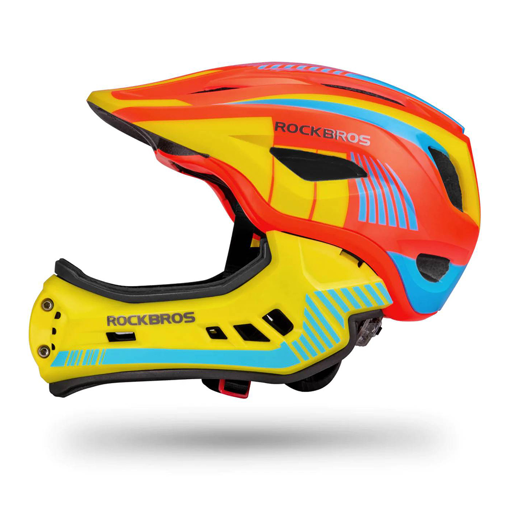 Rockbros TT-32SOYB-S bērnu velo ķivere ar noņemamu zoda sargu S, dzelteni oranža