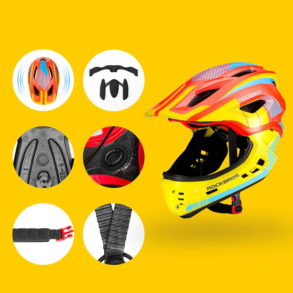 Rockbros TT-32SOYB-S bērnu velo ķivere ar noņemamu zoda sargu S, dzelteni oranža