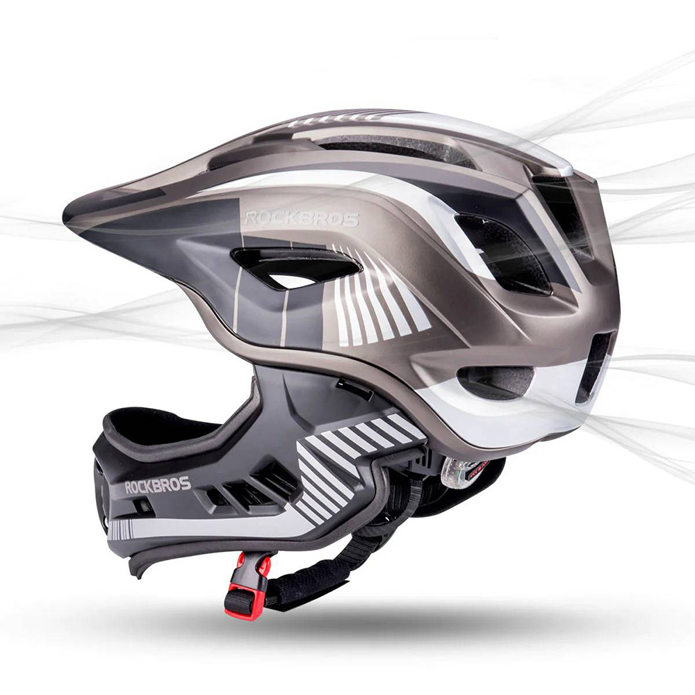 Rockbros TT-32SBTG-S bērnu velo ķivere ar noņemamu zoda sargu, S izmērs, pelēka