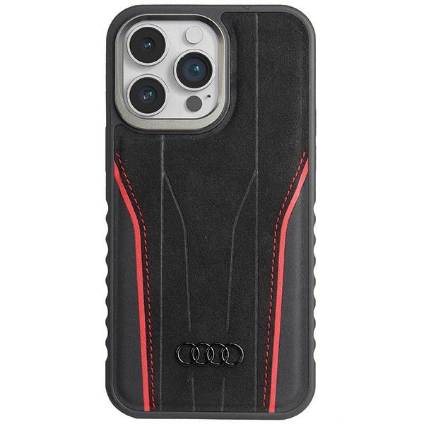 Audi iPhone 14 Pro Max vāciņš Genuine Leather MagSafe, melns/sarkans