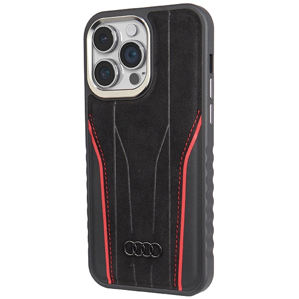 Audi iPhone 14 Pro Max vāciņš Genuine Leather MagSafe, melns/sarkans
