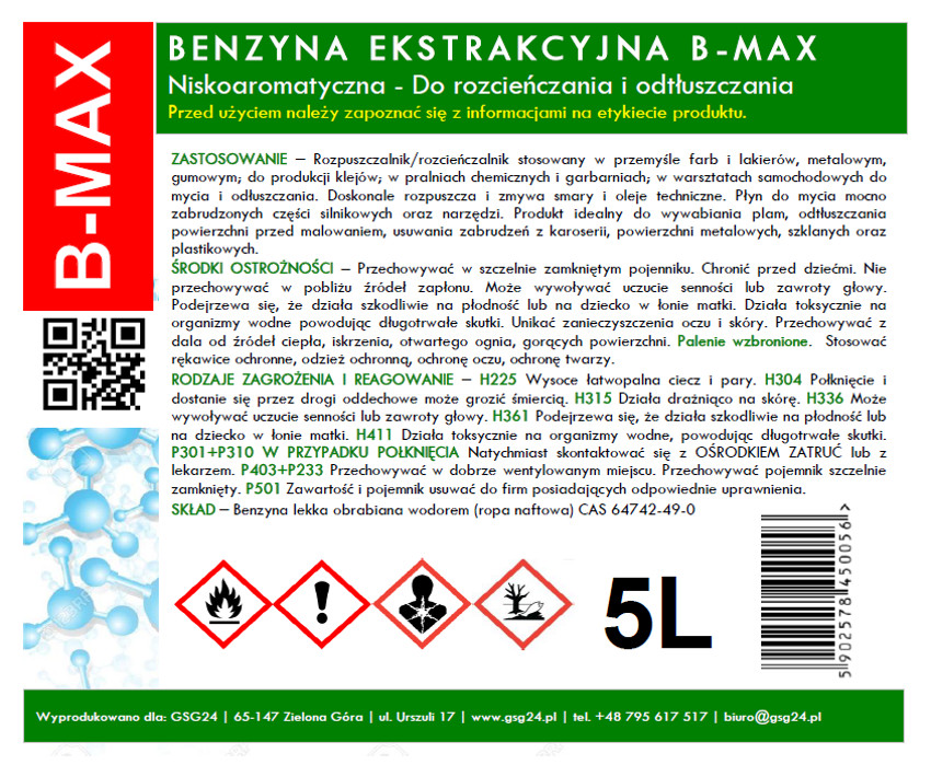 Gsg24 B-MAX bez smaržas ekstrakcijas benzīns 5L