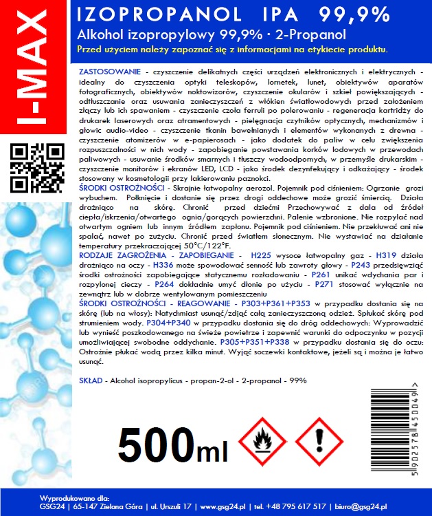 Izopropilspirts Izopropanols IPA I-MAX 99,9 % 500ML | Isopropyl alcohol Isopropanol 99.9% Spray