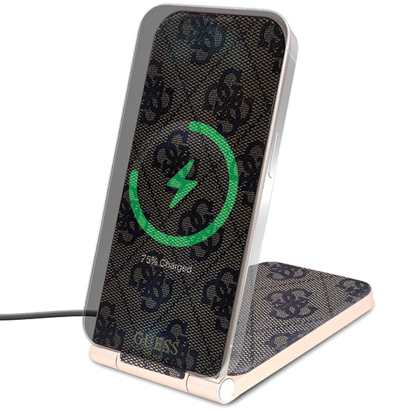 Guess 4G Pattern MagSafe salokāms 2in1 bezvadu lādētājs 15W, brūns