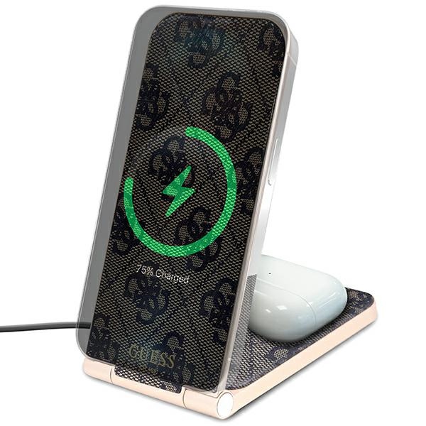 Guess 4G Pattern MagSafe salokāms 2in1 bezvadu lādētājs 15W, brūns