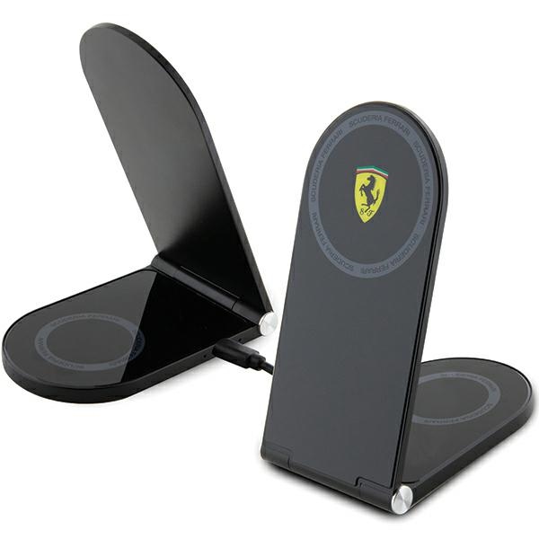 Ferrari Printed Logo MagSafe salokāms 2in1 15W bezvadu lādētājs, melns