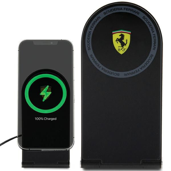 Ferrari Printed Logo MagSafe salokāms 2in1 15W bezvadu lādētājs, melns