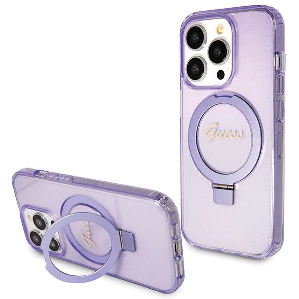 Guess iPhone 14 Pro Max vāciņš Ring Stand Script Glitter MagSafe, violets