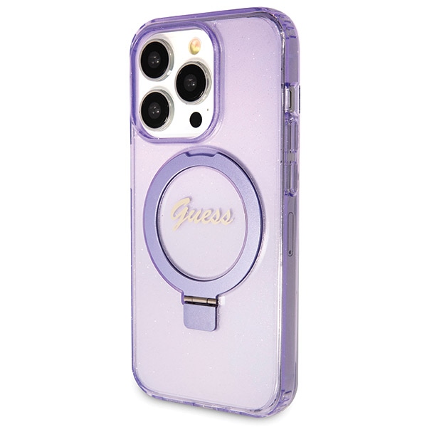 Guess iPhone 14 Pro Max vāciņš Ring Stand Script Glitter MagSafe, violets
