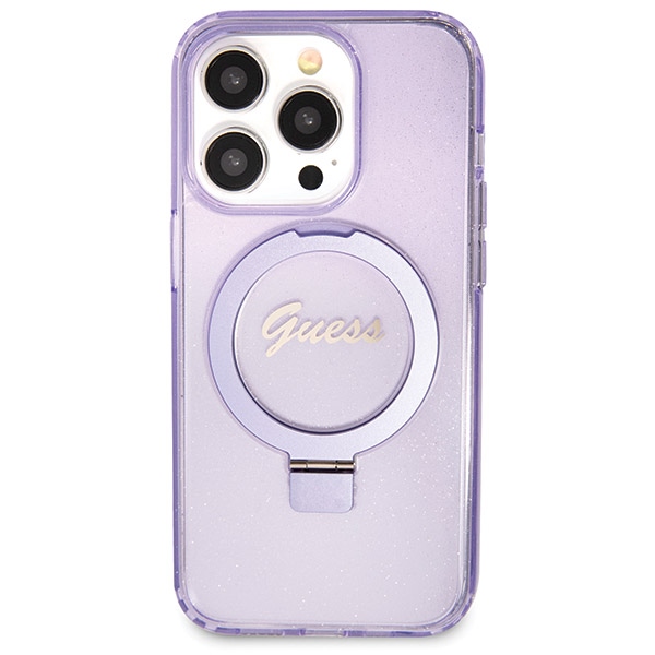 Guess iPhone 14 Pro Max vāciņš Ring Stand Script Glitter MagSafe, violets