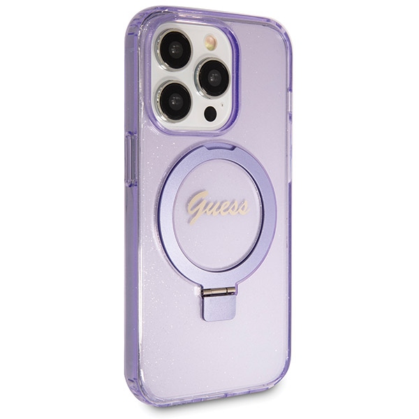 Guess iPhone 14 Pro Max vāciņš Ring Stand Script Glitter MagSafe, violets