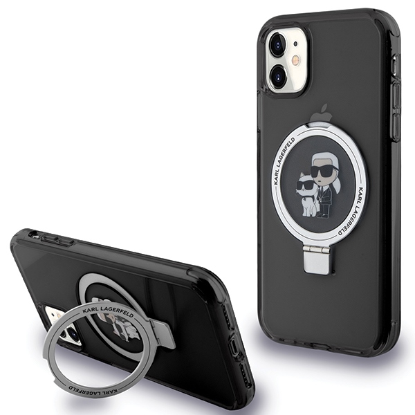 Karl Lagerfeld iPhone 11 / XR vāciņš Ring Stand Karl & Choupette MagSafe, melns
