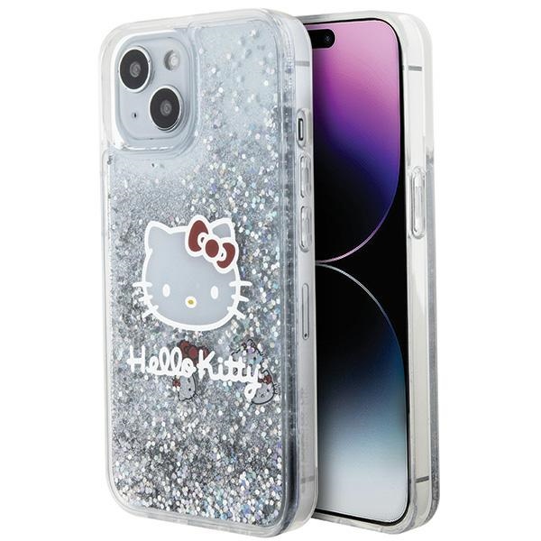 Hello Kitty iPhone 14 vāciņš Liquid Glitter Charms Kitty Head, sudraba