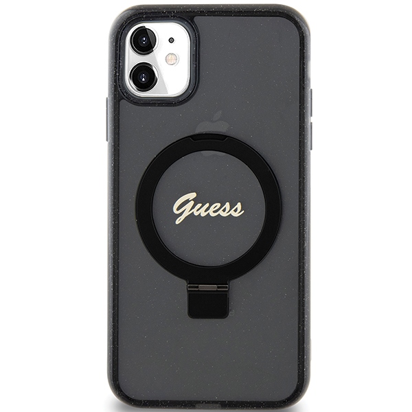 Guess iPhone 11 / Xr vāciņš Ring Stand Script Glitter MagSafe, melns
