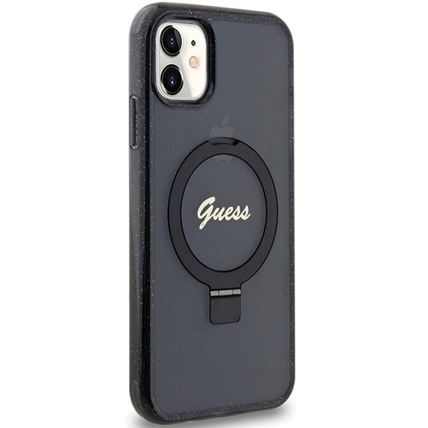 Guess iPhone 11 / Xr vāciņš Ring Stand Script Glitter MagSafe, melns