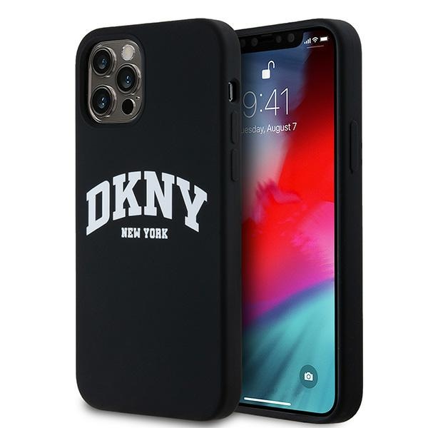 DKNY iPhone 12 / 12 Pro vāciņš Liquid Silicone White Printed Logo MagSafe, melns