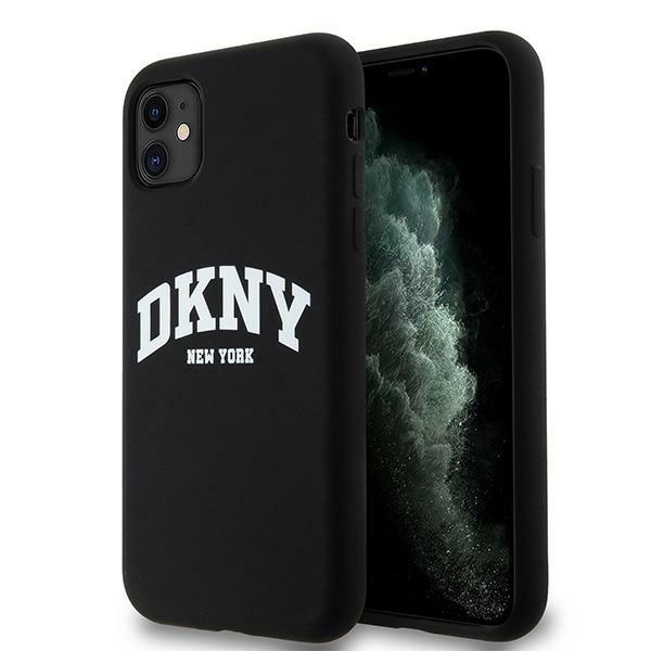 DKNY iPhone 11 / XR vāciņš Liquid Silicone White Printed Logo MagSafe, melns