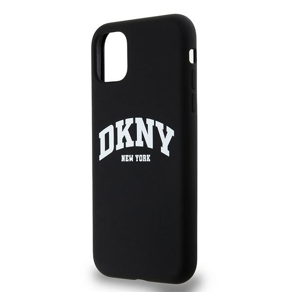 DKNY iPhone 11 / XR vāciņš Liquid Silicone White Printed Logo MagSafe, melns