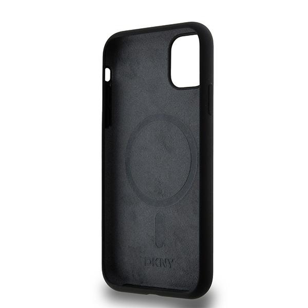 DKNY iPhone 11 / XR vāciņš Liquid Silicone White Printed Logo MagSafe, melns