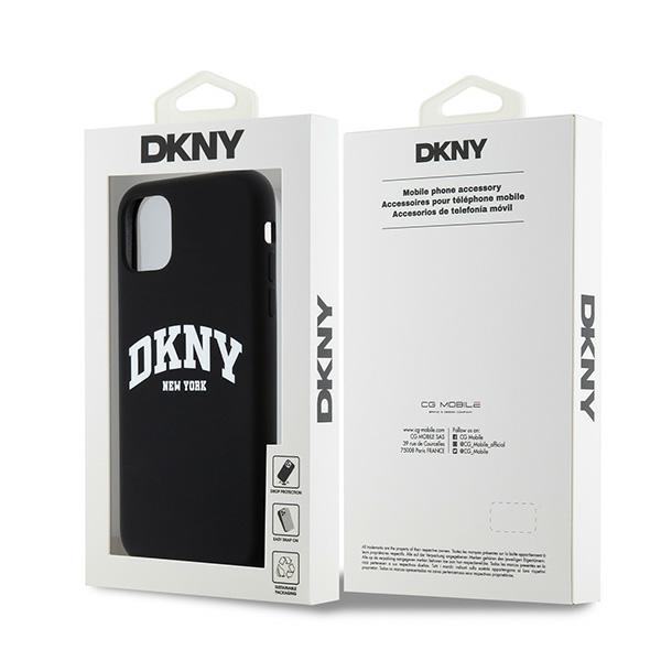 DKNY iPhone 11 / XR vāciņš Liquid Silicone White Printed Logo MagSafe, melns