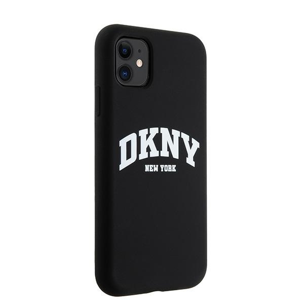 DKNY iPhone 11 / XR vāciņš Liquid Silicone White Printed Logo MagSafe, melns