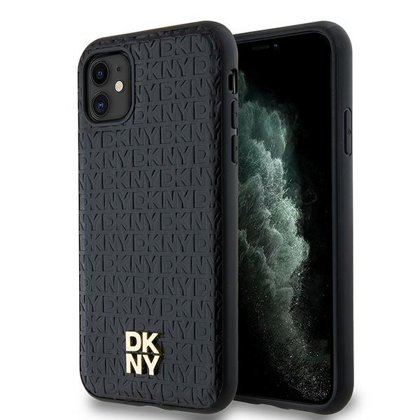 DKNY iPhone 11 / XR vāciņš Leather Monogram Pattern Metal Logo MagSafe, melns