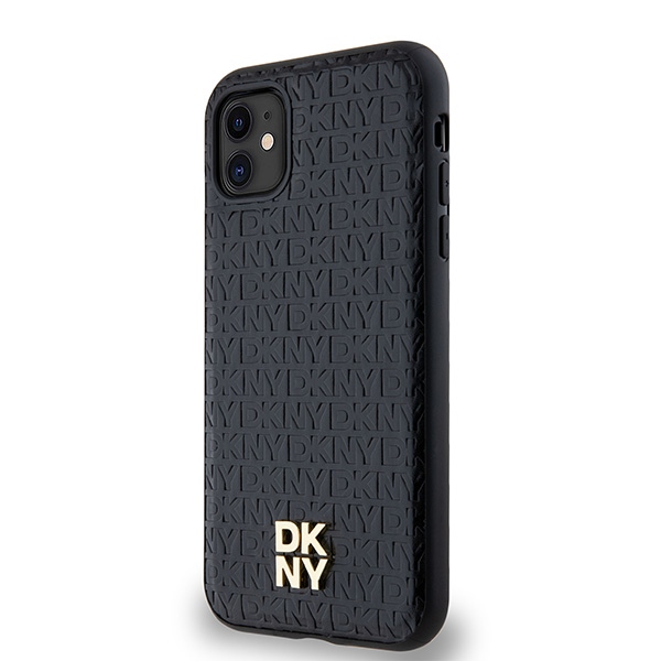 DKNY iPhone 11 / XR vāciņš Leather Monogram Pattern Metal Logo MagSafe, melns
