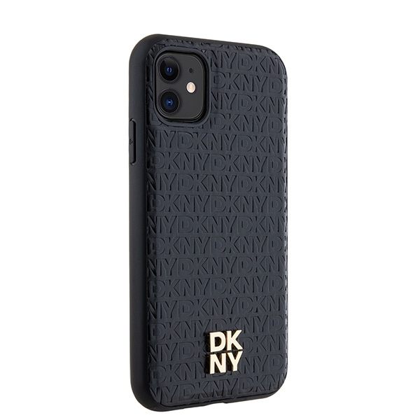 DKNY iPhone 11 / XR vāciņš Leather Monogram Pattern Metal Logo MagSafe, melns