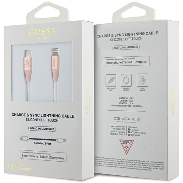 Guess USB-C / Lightning vads 1.5m Embossed Logo, rozā