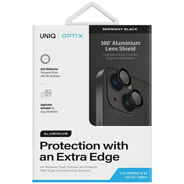 Uniq Optix Glass Alumīnija kameras objektīva aizsargs iPhone 15 / Plus objektīvam ar aplikatoru - melns | Aluminum...