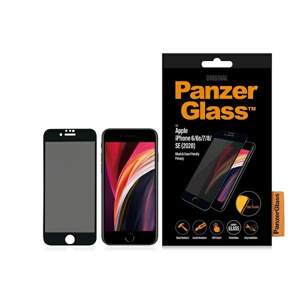 PanzerGlass iPhone 6 / 6s / 7 / 8 / SE aizsargstikls E2E Super+ Privacy, melns rāmis