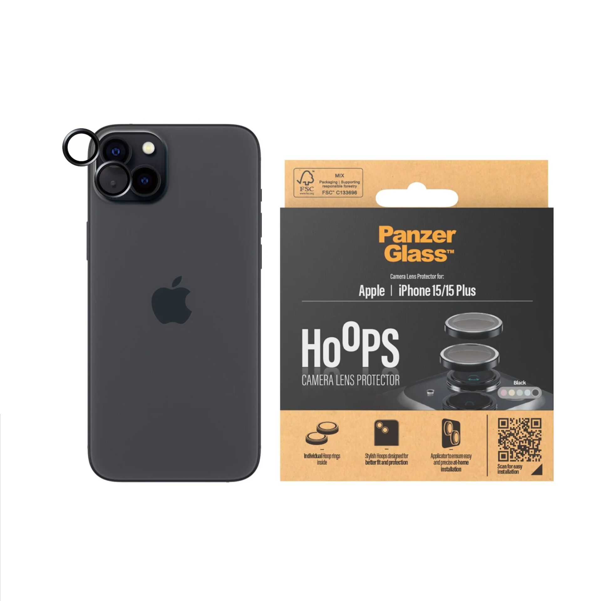 Panzerglass Hoops 1138 kameras aizsargstikls iPhone 15 / 15 Plus, caurspīdīgs ar melnu rāmi