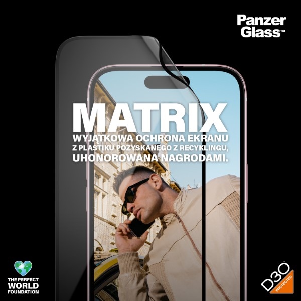 PanzerGlass Matrix Ultra-Wide-Fit hibrīds stikls iPhone 15 ar pozicionētāju | hybrid glass for with positioner