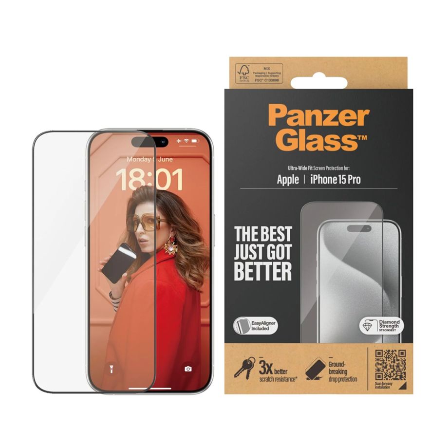 PanzerGlass Ultra-Wide Fit aizsargstikls iPhone 15 Pro ar pozicionētāju