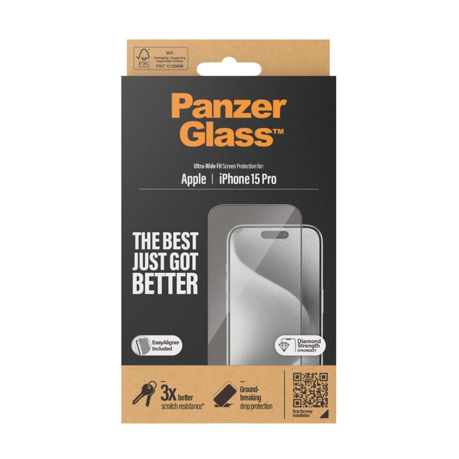 PanzerGlass Ultra-Wide Fit aizsargstikls iPhone 15 Pro ar pozicionētāju