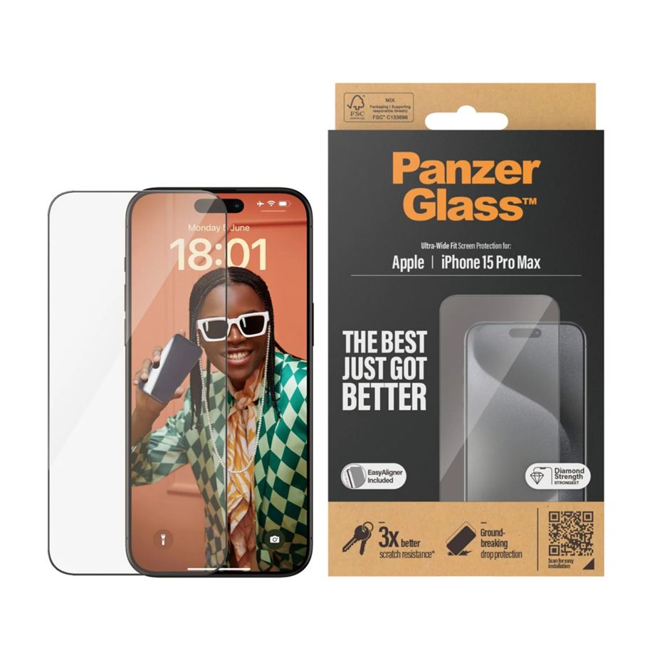 PanzerGlass Ultra-Wide Fit aizsargstikls iPhone 15 Pro Max ar pozicionētāju