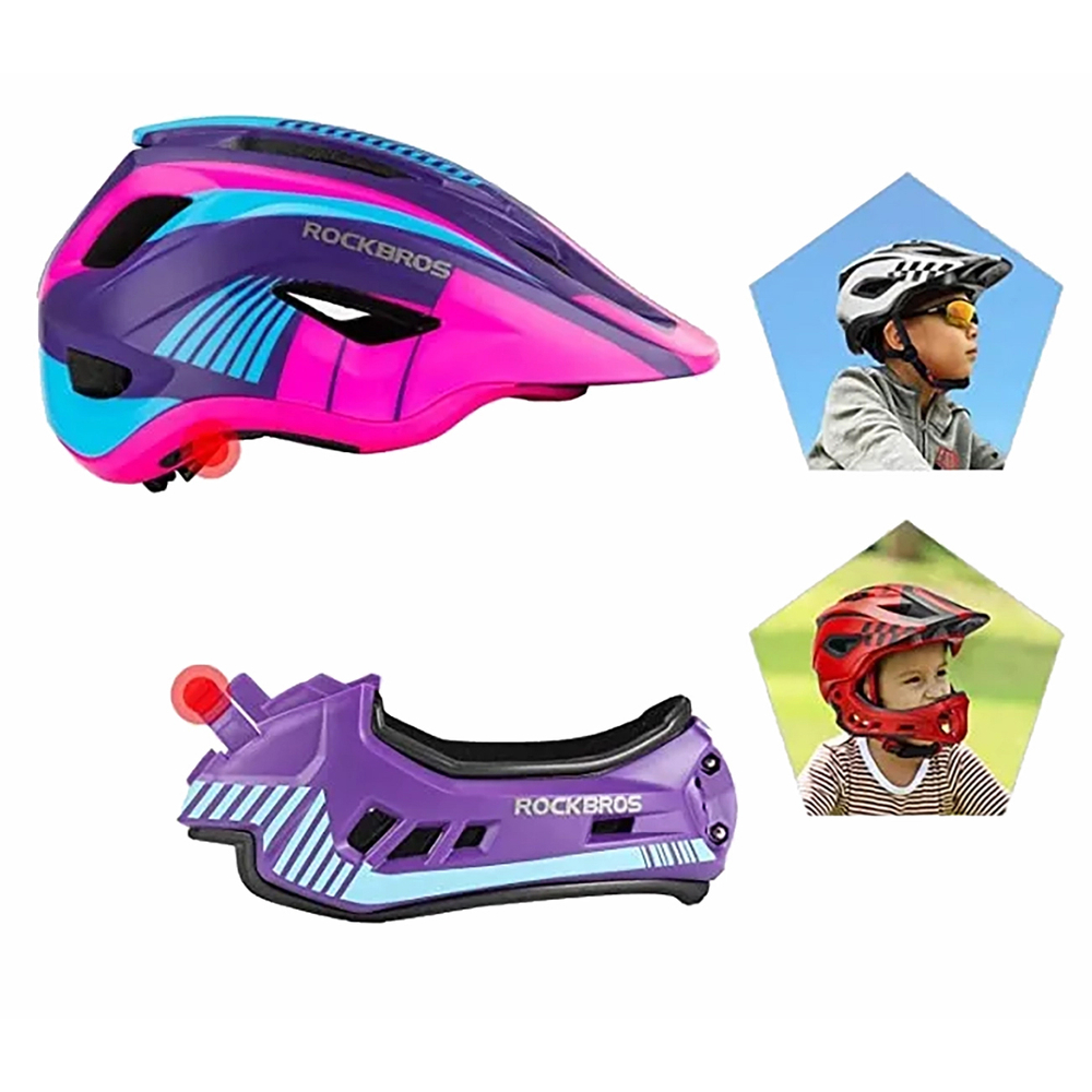 Rockbros TT-32SBPP-S bērnu velo ķivere ar noņemamu zoda aizsargu, S, violeti rozā