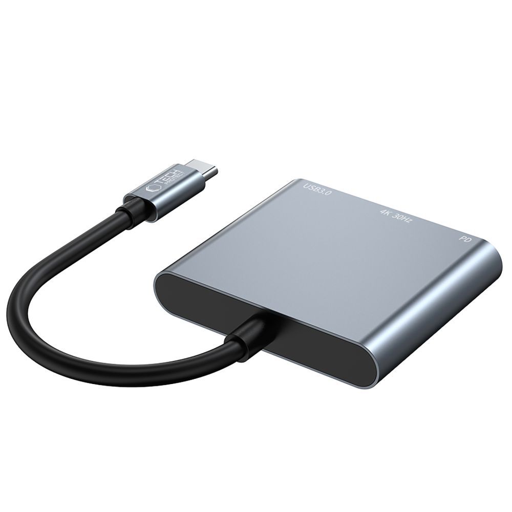 Tech-Protect V1 3in1 USB-C centrmezgls HDMI 4K / USB-A 3.0 / PD 100W, pelēks