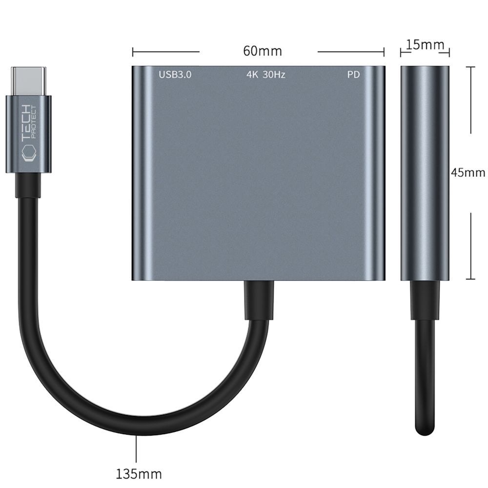 Tech-Protect V1 3in1 USB-C centrmezgls HDMI 4K / USB-A 3.0 / PD 100W, pelēks