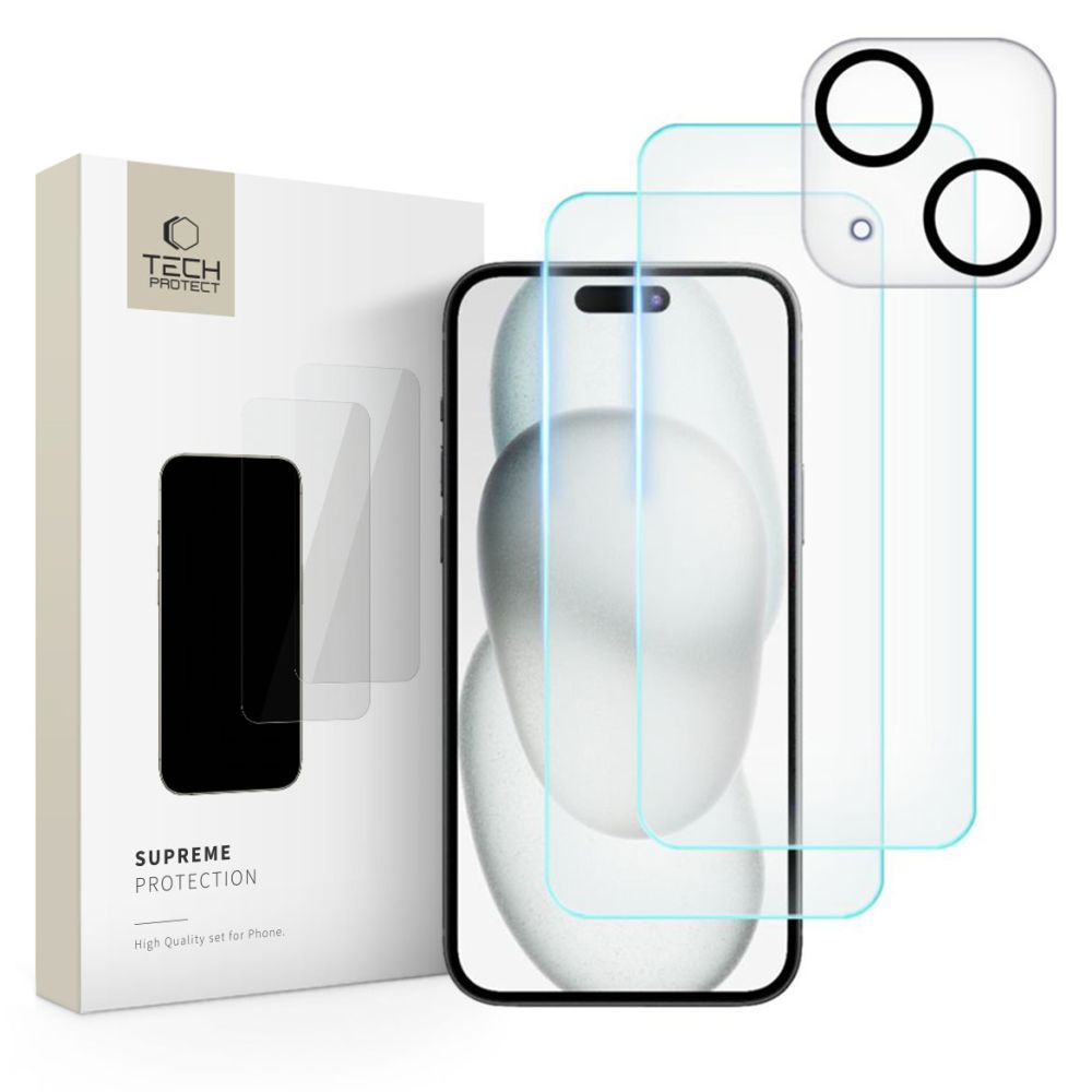 Tech-Protect Supreme aizsargstiklu komplekts iPhone 15, 2x ekrānam / 1x kamerai
