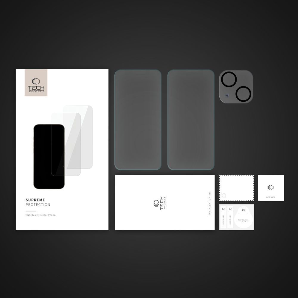 Tech-Protect Supreme aizsargstiklu komplekts iPhone 15, 2x ekrānam / 1x kamerai