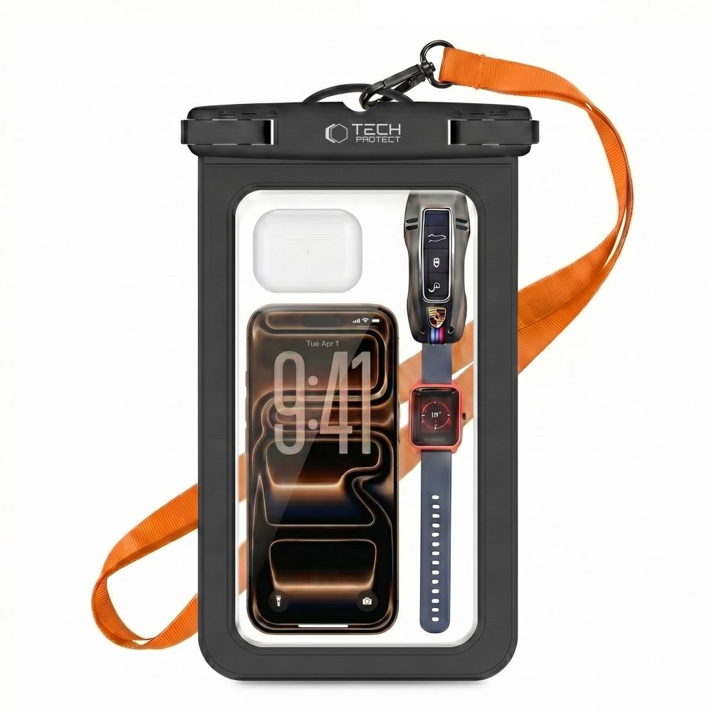 Tech-Protect UWC9 ūdensizturīgs maciņš ierīcēm līdz 8.9", melns/oranžs