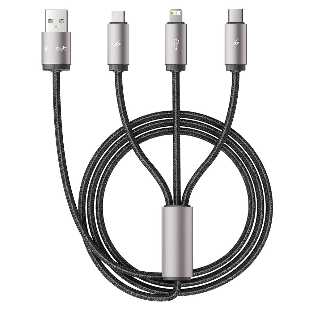 Tech-Protect UltraBoost 3in1 USB-A uz Lightning / USB-C / Micro-USB kabelis 1m, pelēks