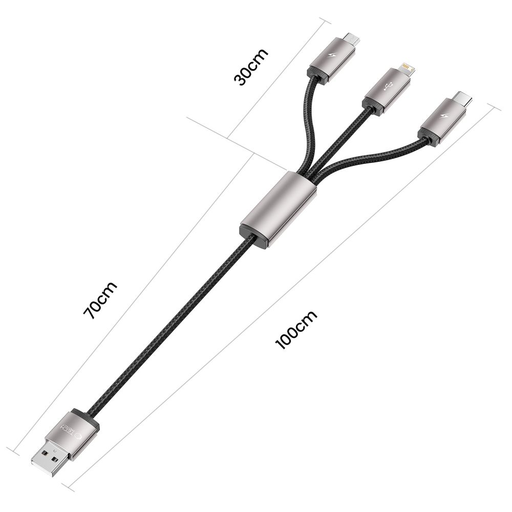 Tech-Protect UltraBoost 3in1 USB-A uz Lightning / USB-C / Micro-USB kabelis 1m, pelēks