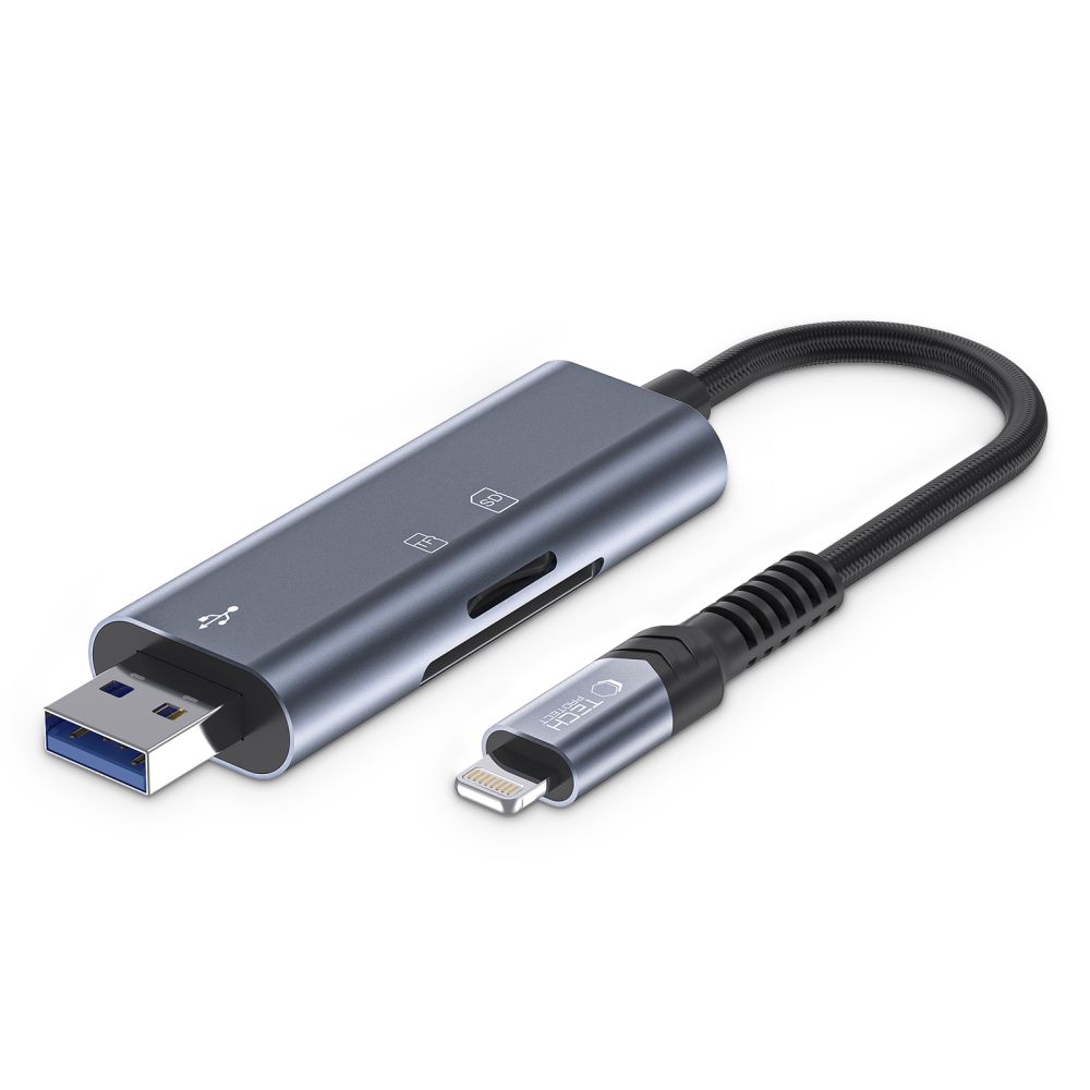 Tech-Protect UltraBoost SD/micro SD karšu lasītājs Lightning / USB-A, Pelēks