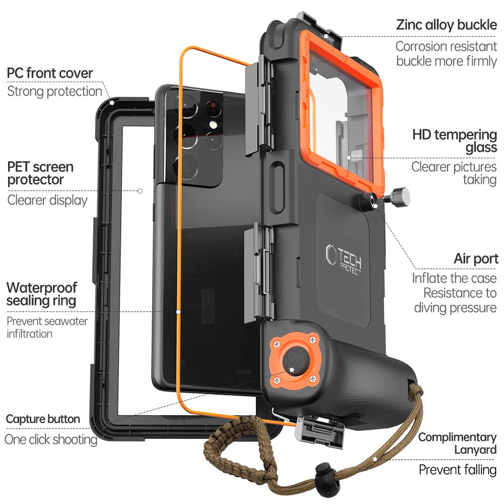 Tech-Protect IPX8 ūdensizturīgs maciņš viedtālruņiem 4.7-6.7\", melns/oranžs