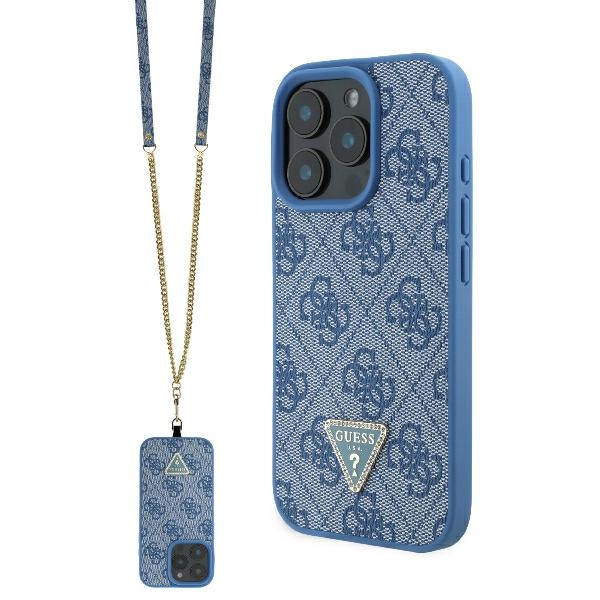 Guess iPhone 16 Pro vāciņš Crossbody 4G Metal Logo Strass, zils