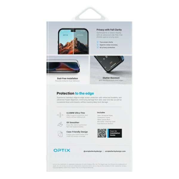 UNIQ Optix Privacy rūdīts stikls ar privātuma aplikatoru iPhone 16 Plus tālrunim | tempered glass with applicator...