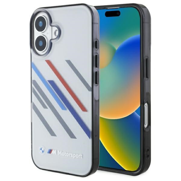 BMW iPhone 16 Plus vāciņš Motorsport IML Random Stripes, pelēks